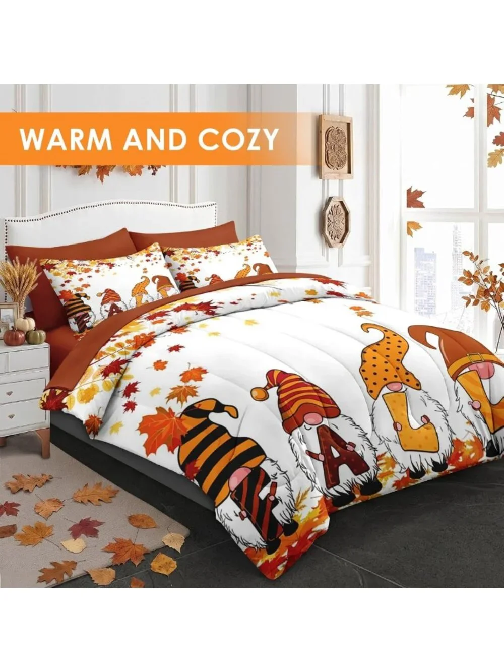 Cozy 7-Piece King Fall Comforter Set with Sheets - Vibrant Orange Bedding